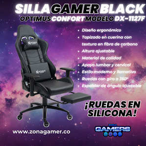 Silla Gamer DX-1127F Black con reposapiés y ruedas en silicona
