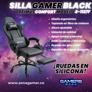 Silla Gamer E-1127F Black con reposapiés y ruedas en silicona