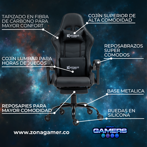 Silla Gamer E-1127F Black con reposapiés y ruedas en silicona