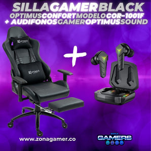 Combo Silla Gamer COR-1001F Black con Ruedas en silicona + Audífonos Gamer Optimus Sound