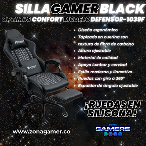 Silla Gamer Defensor-1039F Black con reposapiés y ruedas en silicona