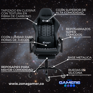 Silla Gamer Defensor-1039F Black con reposapiés y ruedas en silicona