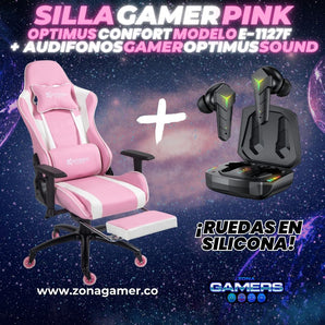 Combo Silla Gamer Pink + Audífonos Gamer con reposapiés incluido y ruedas en silicona