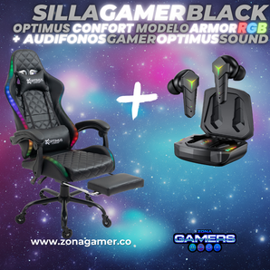 Combo Silla Gamer RGB Black + Audífonos Gamer con reposapiés incluido y ruedas en silicona