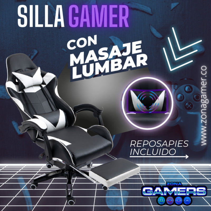 Silla Gamer AQ-1039F White con Masajeador Lumbar y Reposapies incluido