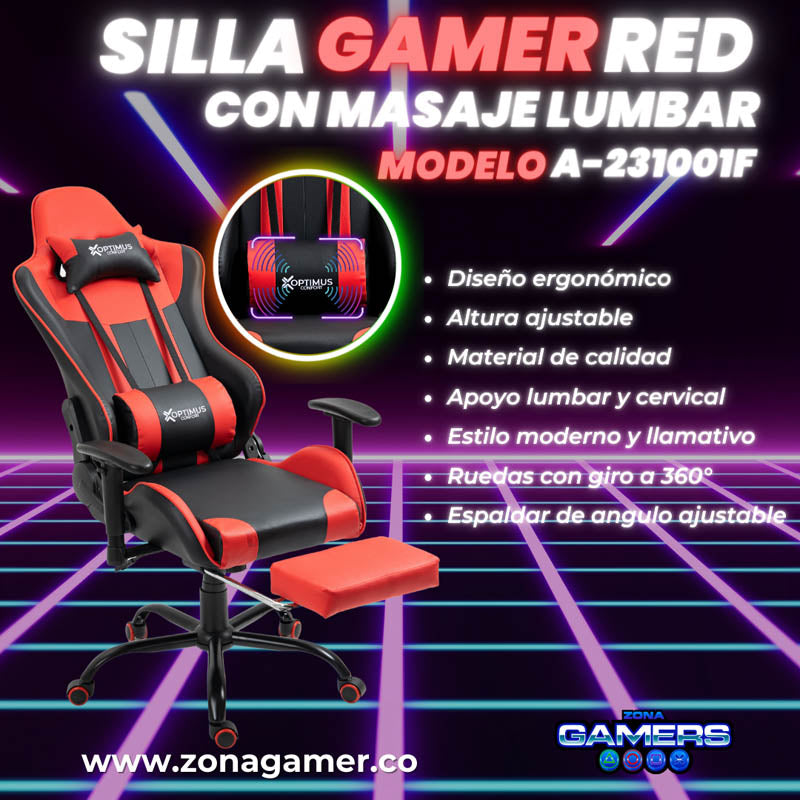 Silla Gamer A231001F Red  con masajeador lumbar y reposapies incluido