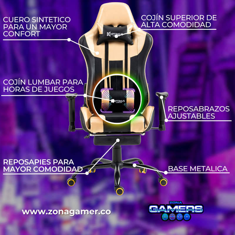 Silla Gamer A231001F Gold Black con masajeador lumbar y reposapies incluido