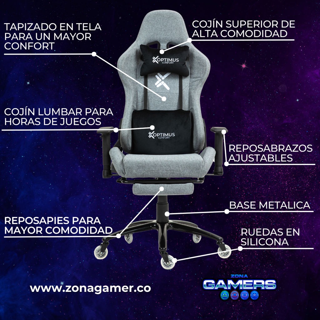 Silla Gamer CO-1102F Grey, tapizada en tela con reposapiés y ruedas en silicona