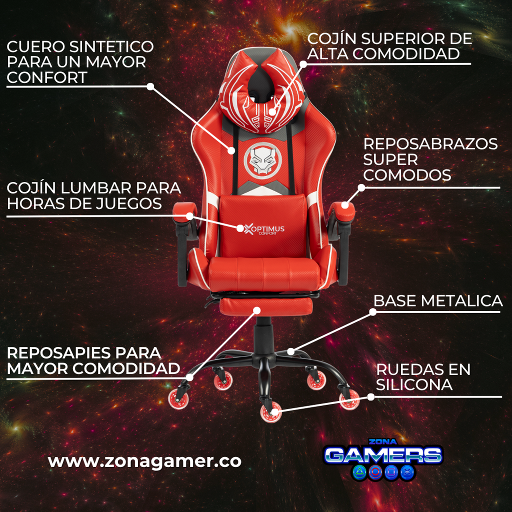 Silla Gamer Marvel-1039F Red con reposapiés y ruedas en silicona.