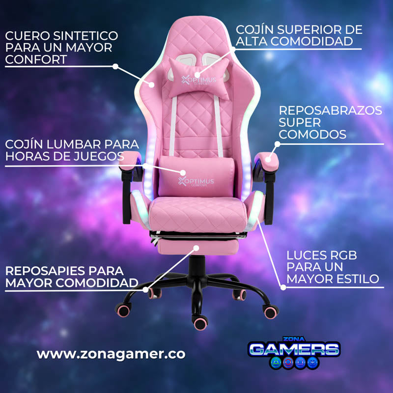 Silla gamer Optimus Confort modelo Armor Pink con luces RGB