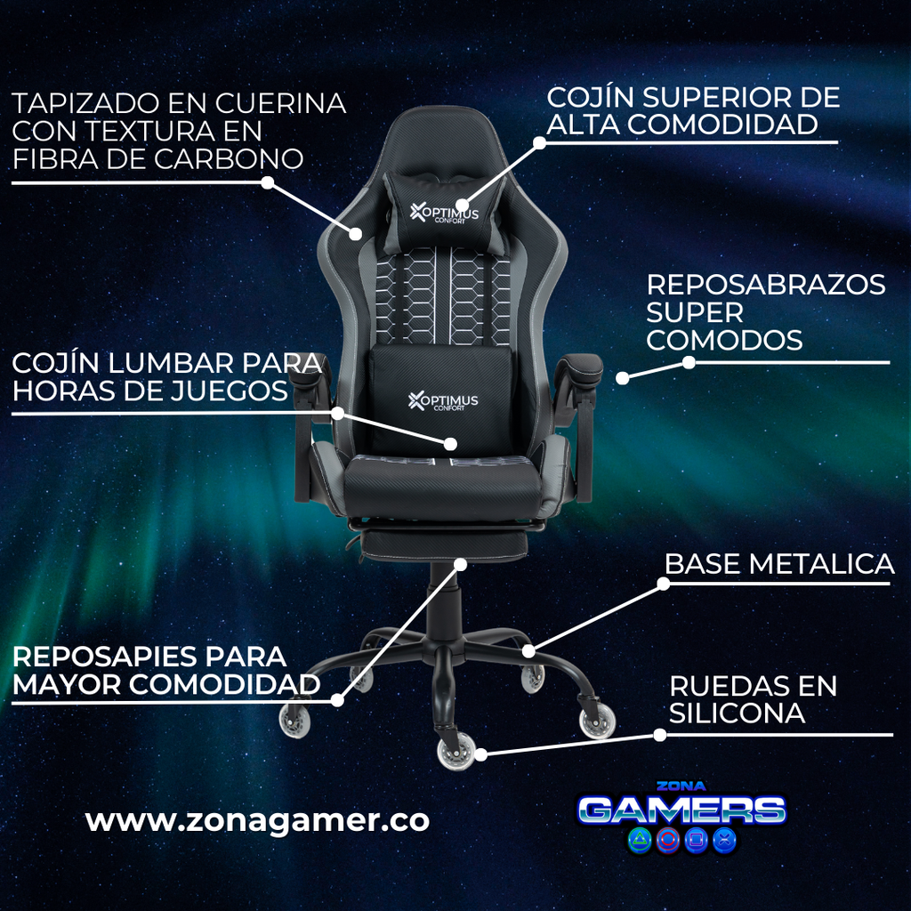 Silla Gamer Defensor-1039F Grey con reposapiés y ruedas en silicona