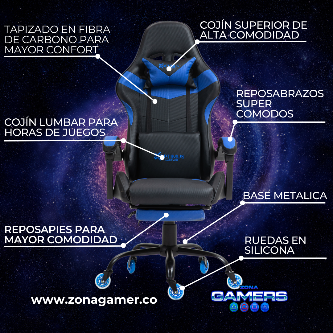 Silla Gamer AQ-1039F Blue con reposapiés y ruedas en silicona