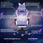 Silla Gamer Cat-1039F + RGB Lilac-White con reposapiés y ruedas en silicona.