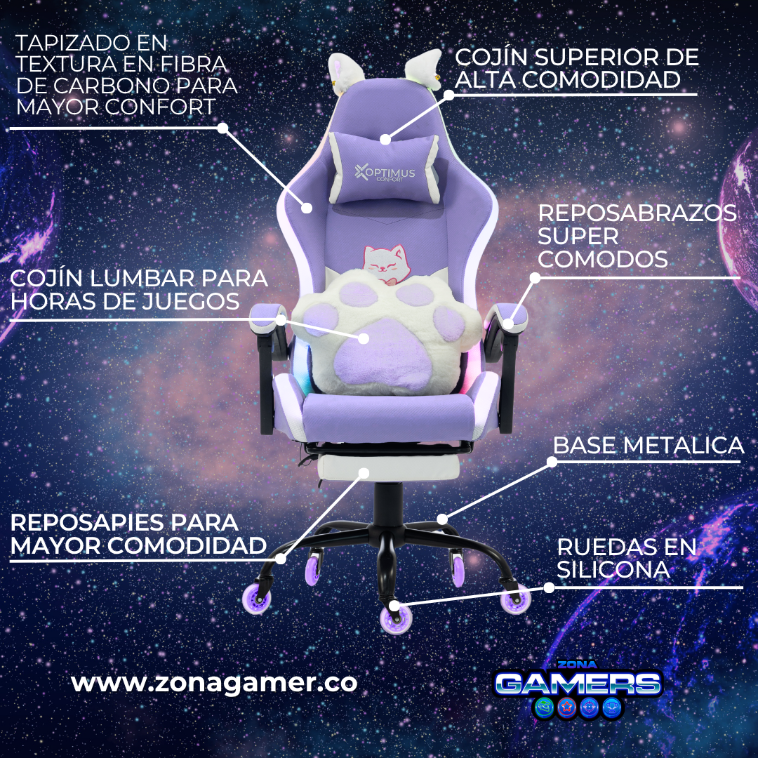 Silla Gamer Cat-1039F + RGB Lilac-White con reposapiés y ruedas en silicona.