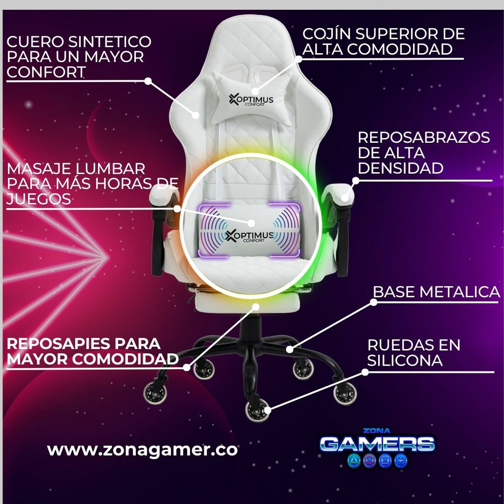 Silla Gamer ARMOR-1039F White + masajeador lumbar con reposapiés y ruedas en silicona