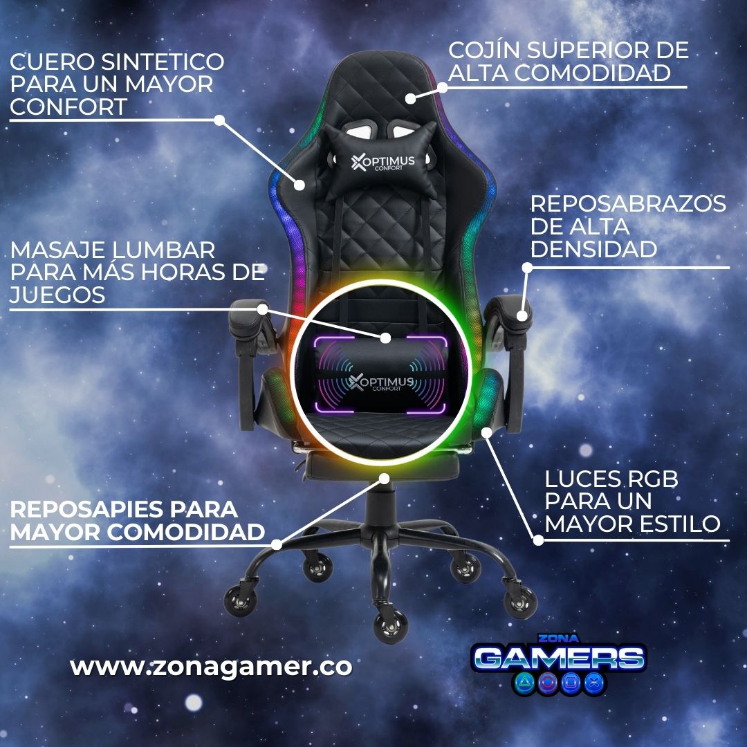 Silla Gamer Armor RGB Black + masajeador lumbar con reposapiés incluido y ruedas en silicona