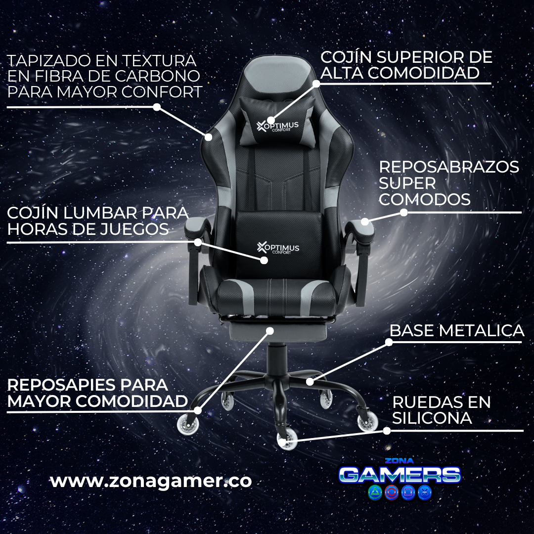 Silla Gamer Shine-1039F Grey con reposapiés y ruedas en silicona