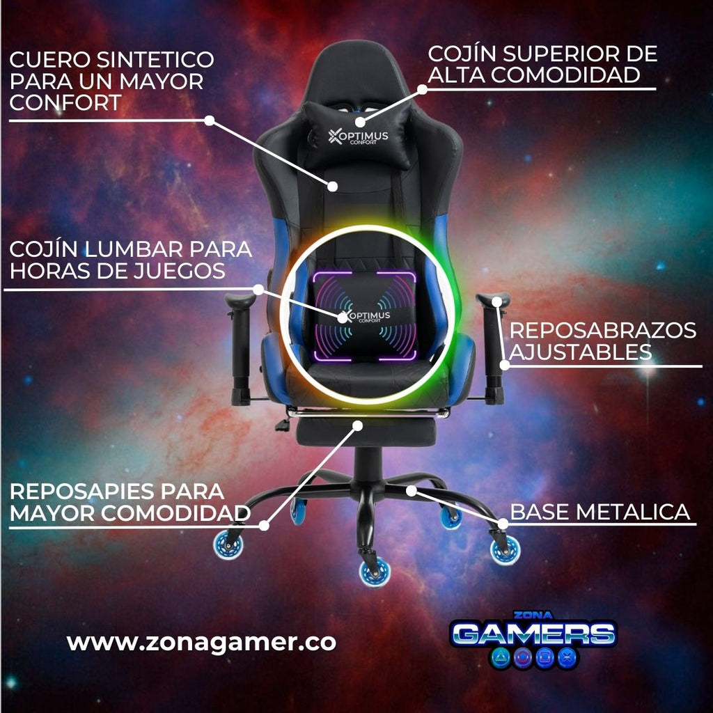 Silla Gamer CIR-1001F Blue + masajeador lumbar con reposapiés y ruedas en silicona