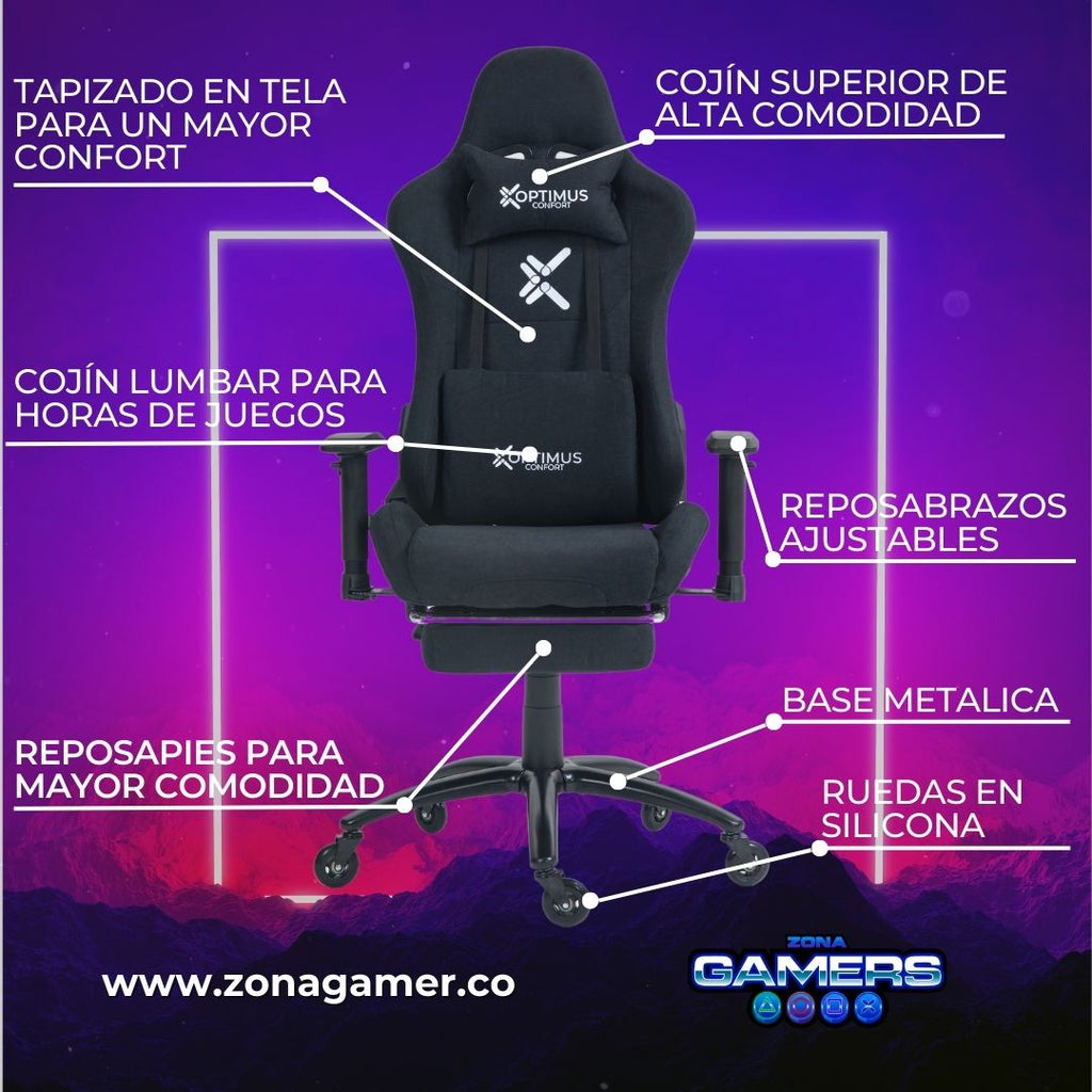 Silla Gamer CO-1102F Black, tapizada en tela con reposapiés y ruedas en silicona