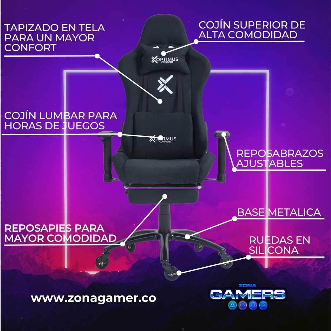Silla Gamer CO-1102F Black, tapizada en tela con reposapiés y ruedas en silicona