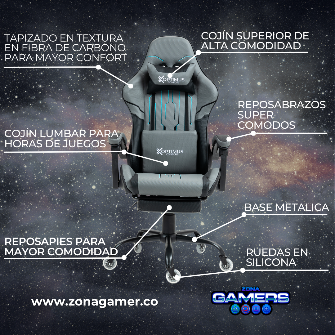Silla Gamer DOW-1039F Grey con reposapiés y ruedas en silicona