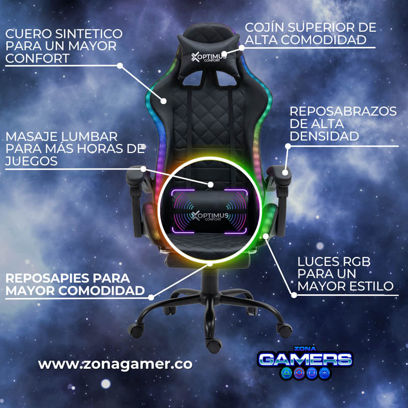 Silla Gamer Optimus confort Armor RGB Black con masajeador lumbar y reposapiés incluido