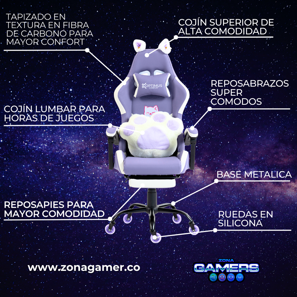 Silla Gamer Cat-1039F White-Lilac con reposapiés y ruedas en silicona.