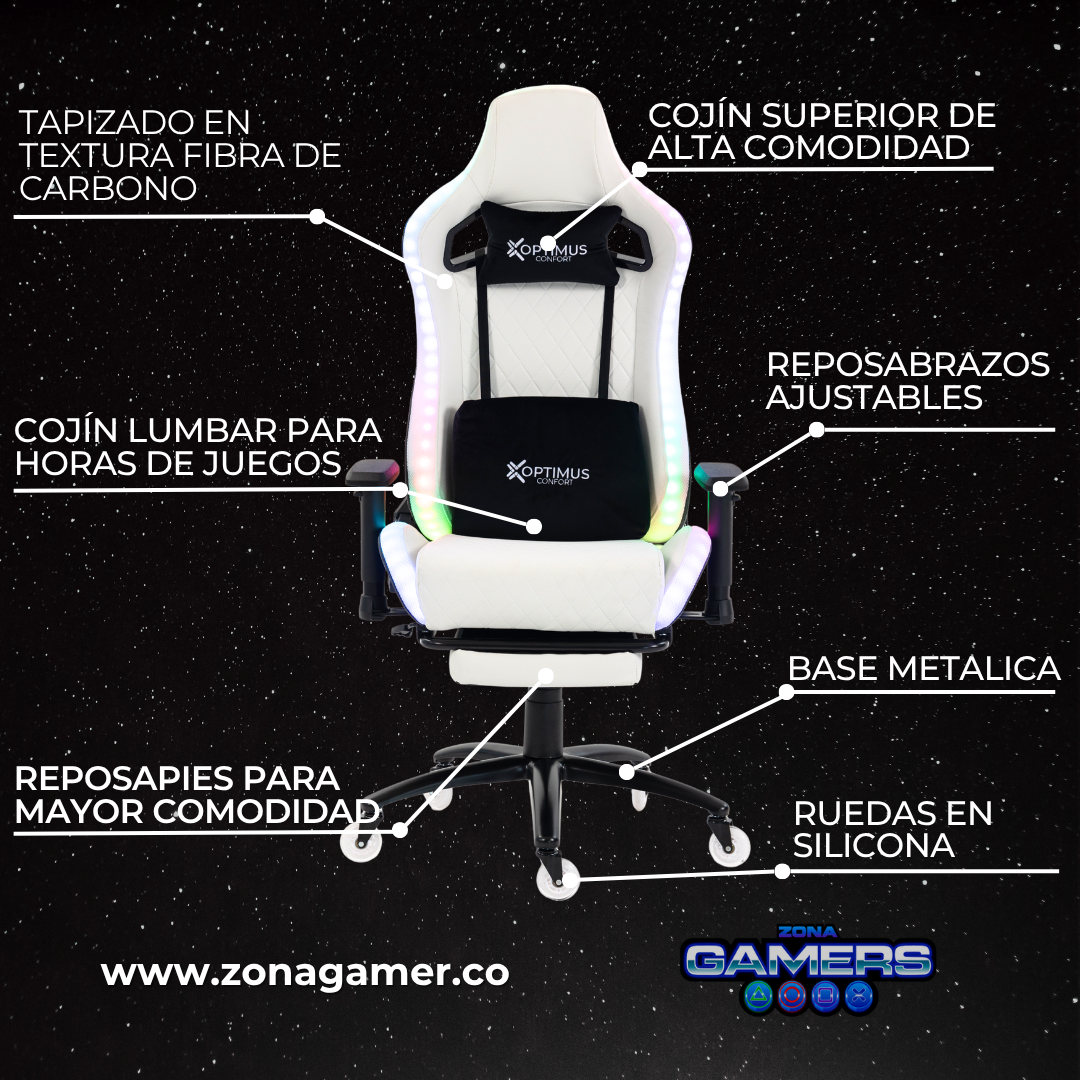Silla gamer ULTIMATE White con luces RGB + reposapiés y ruedas en silicona