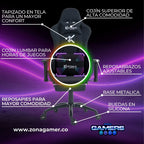 Silla Gamer Black + masajeador lumbar, tapizada en tela con reposapiés y ruedas en silicona