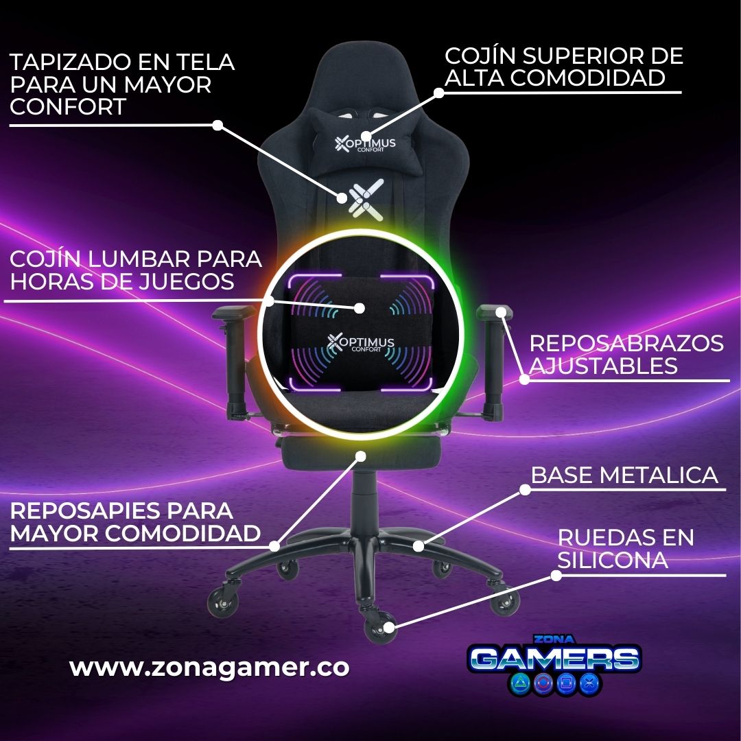 Silla Gamer Black + masajeador lumbar, tapizada en tela con reposapiés y ruedas en silicona