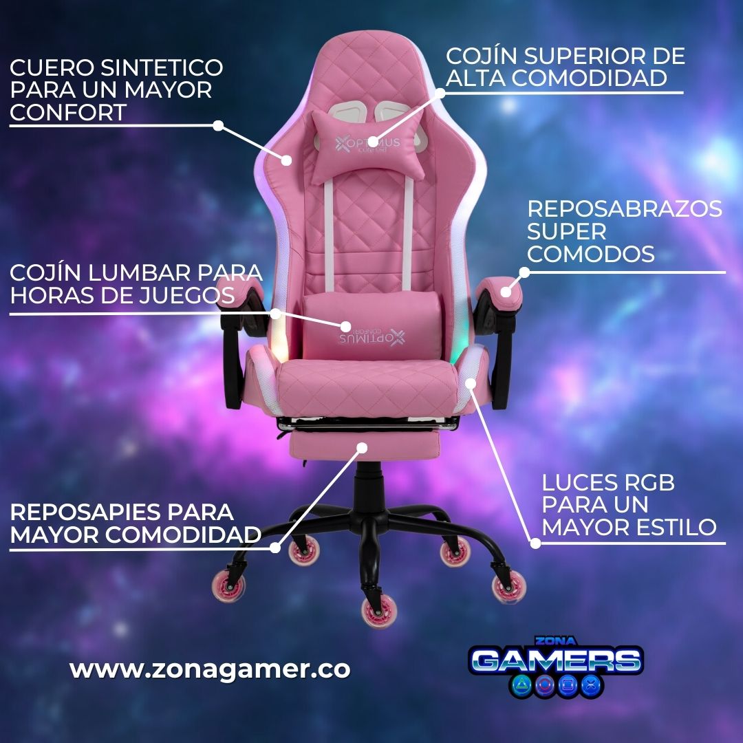 Silla gamer Armor Pink con luces RGB + reposapiés y ruedas en silicona