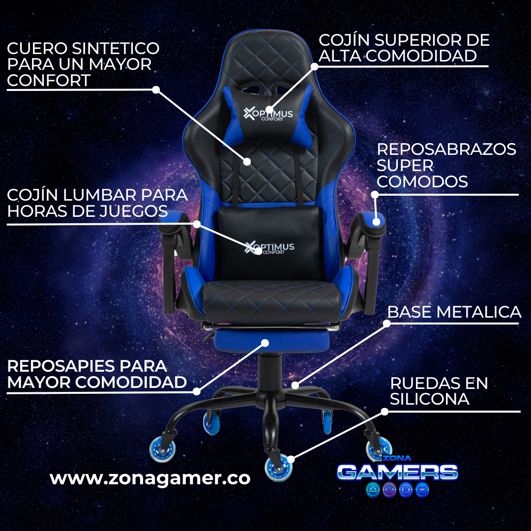 Silla Gamer ARMOR-1127F Blue con reposapiés y ruedas en silicona