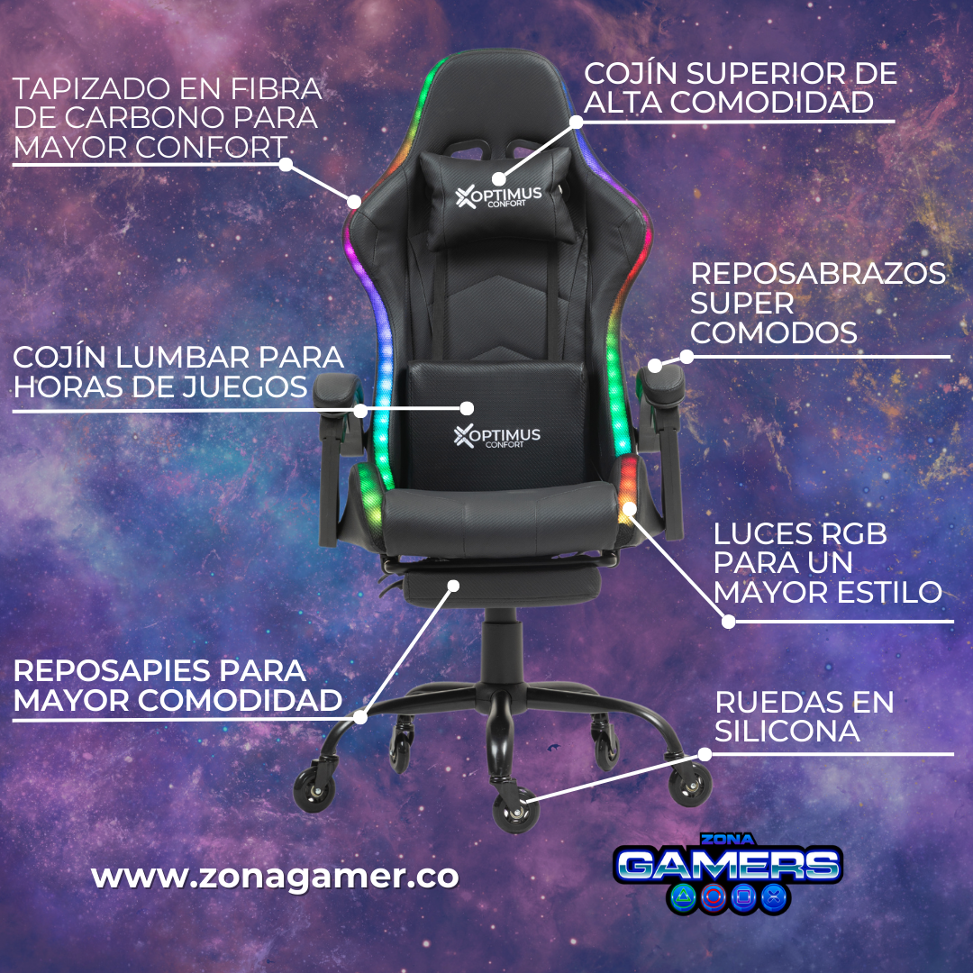 Silla gamer GT-1039F Black con luces RGB + reposapiés y ruedas en silicona