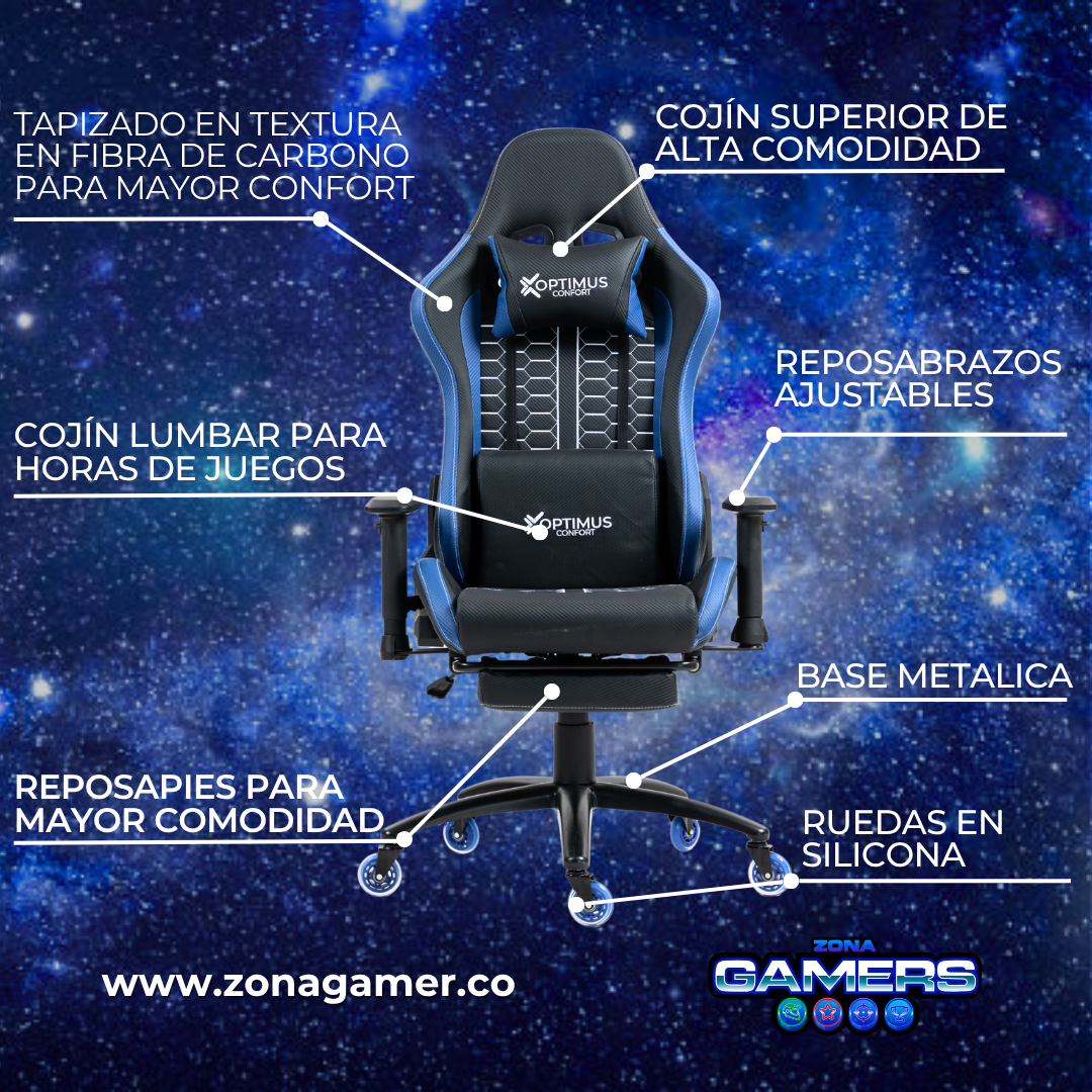 Silla Gamer Defensor-1001F Blue con reposapiés y ruedas en silicona
