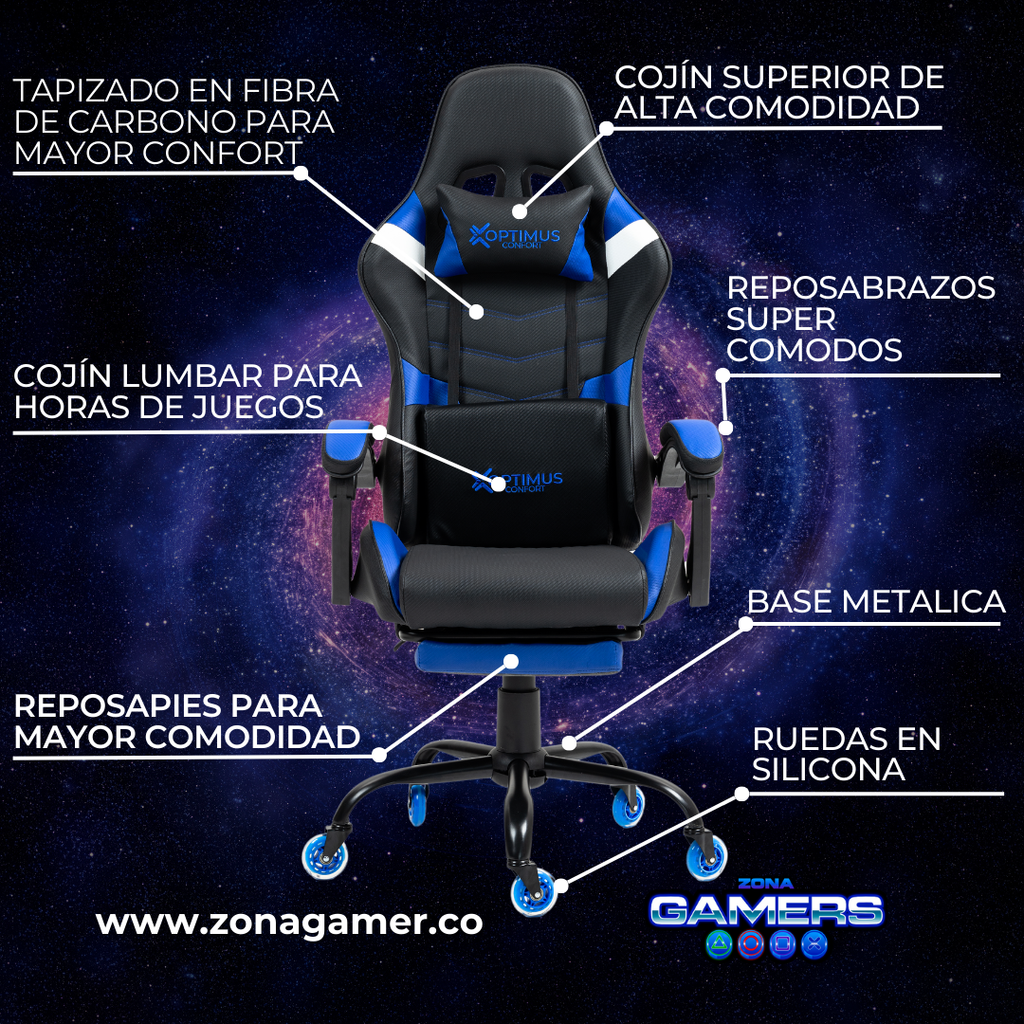 Silla Gamer E-1127F Blue con reposapiés y ruedas en silicona