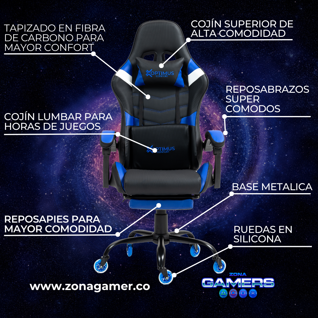 Silla Gamer E-1127F Blue con reposapiés y ruedas en silicona