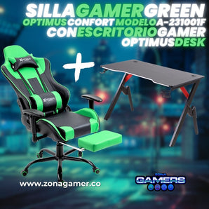 Combo Silla Gamer A-231001F Green + Escritorio Gamer Optimus Desk
