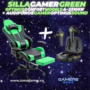 Combo Silla Gamer A-231001F Green  + Audifonos Gamer Optimus Sound