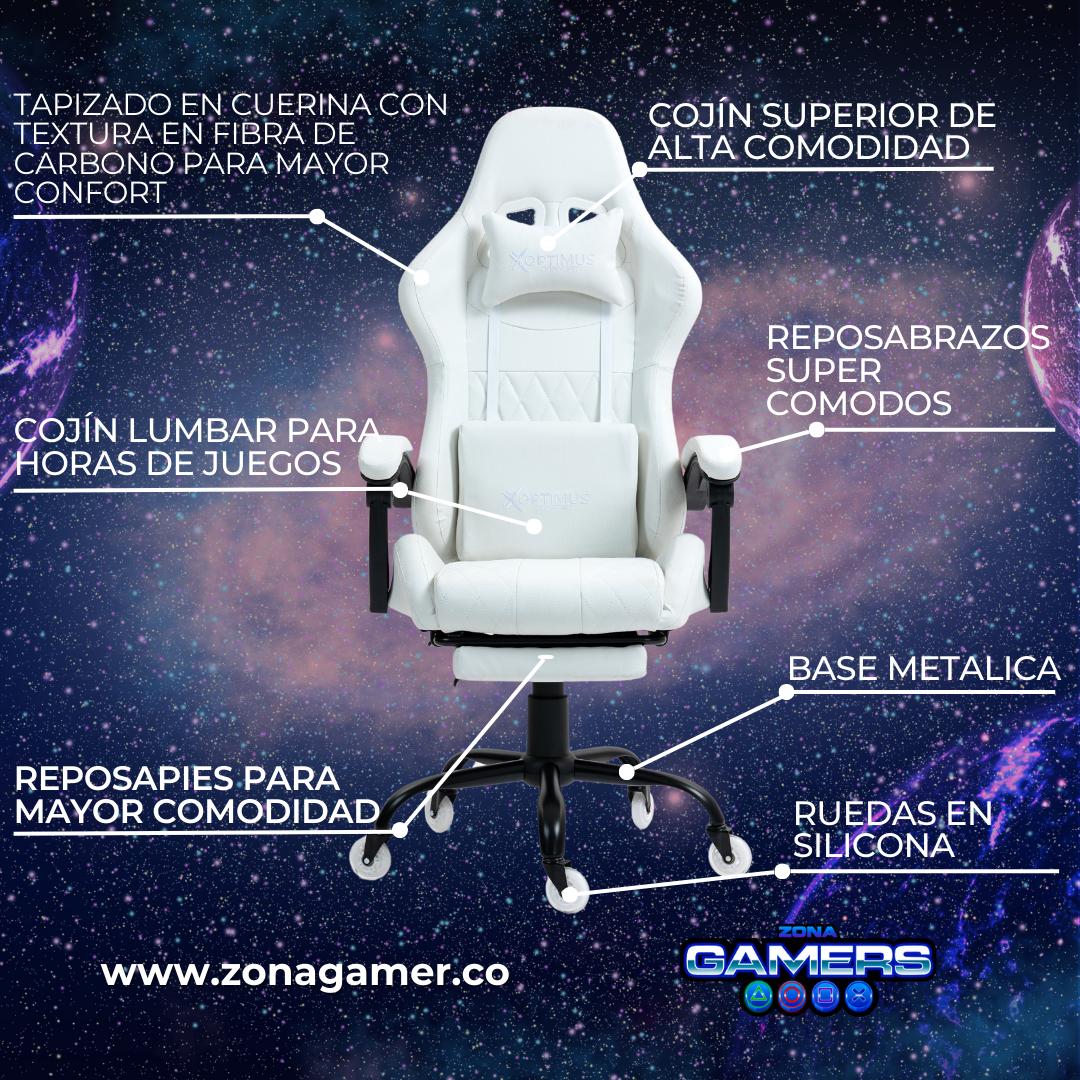 Silla Gamer CIR-1039F White con reposapiés y ruedas en silicona