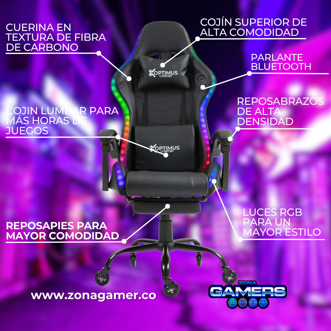 Silla gamer DX-1039F Black con luces RGB + Parlantes + reposapiés y ruedas en silicona