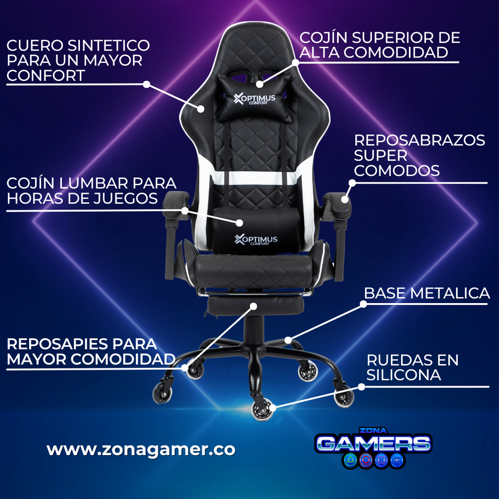 Silla Gamer ARMOR-1039F White con reposapiés y ruedas en silicona