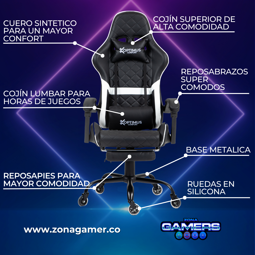 Silla Gamer ARMOR-1039F White con reposapiés y ruedas en silicona