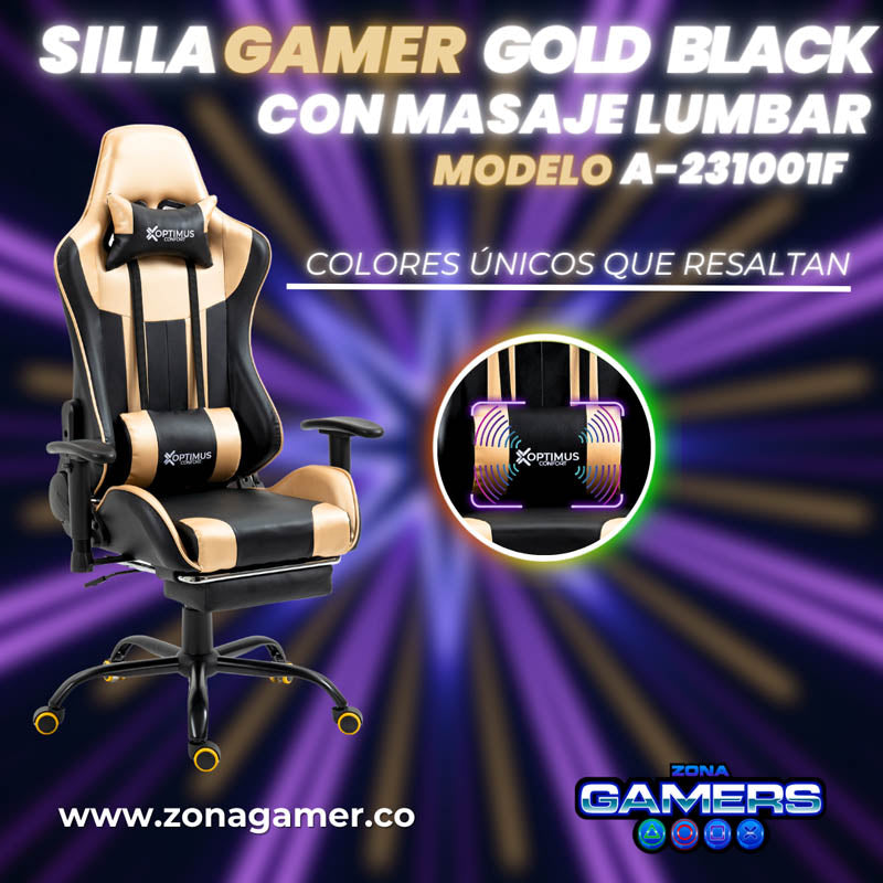 Silla Gamer A231001F Gold Black con masajeador lumbar y reposapies incluido