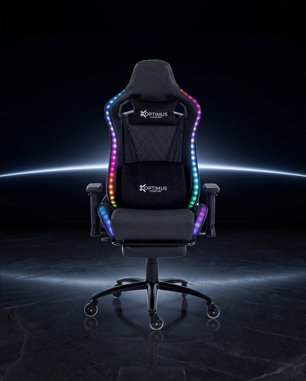 Silla gamer ULTIMATE Black con luces RGB + reposapiés y ruedas en silicona · set-2k · 113-ultimate-black-01-contraste.jpg
