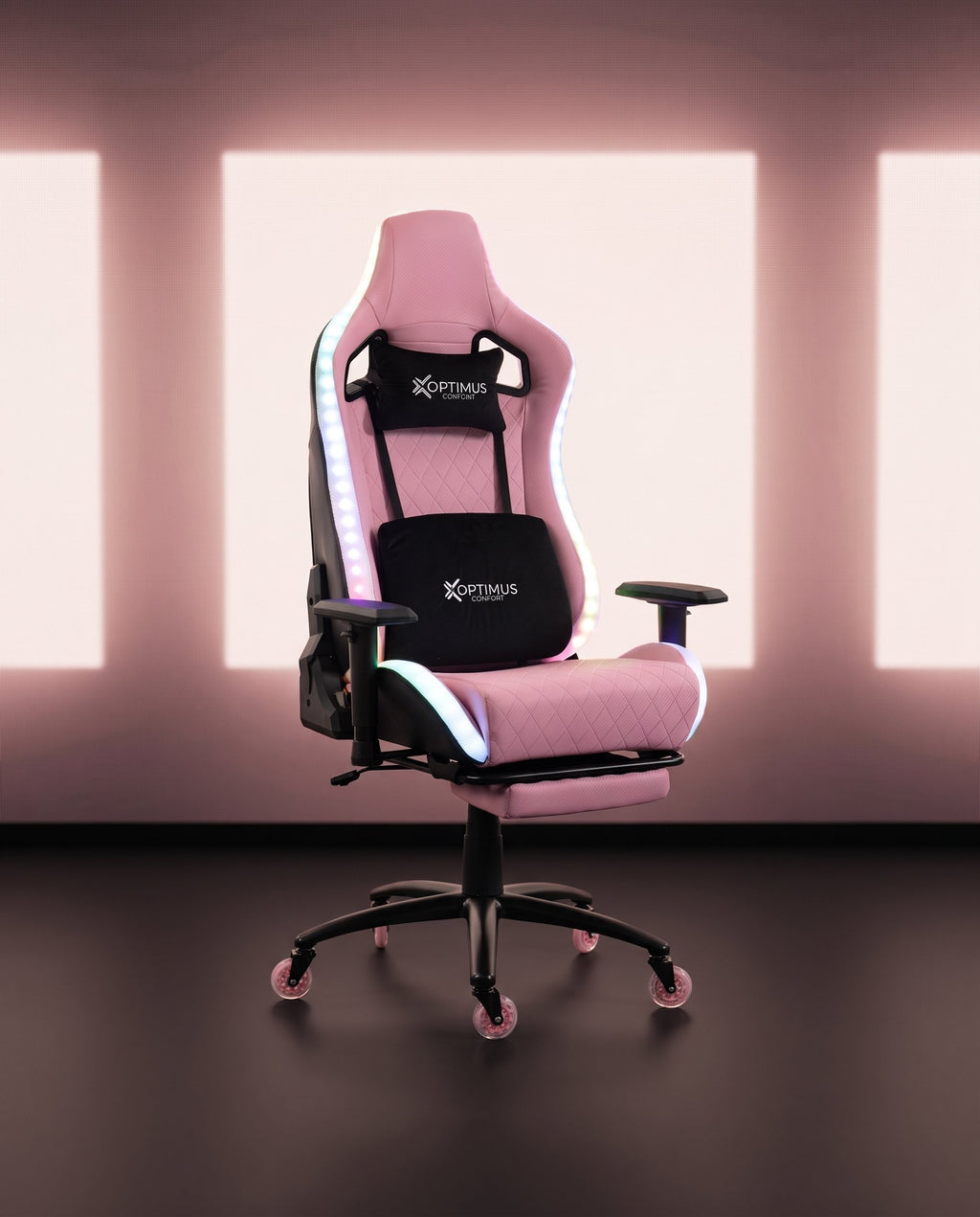 Silla gamer ULTIMATE Pink con luces RGB + reposapiés y ruedas en silicona · set-2k · 119-ultimate-pink-02-contraste.jpg