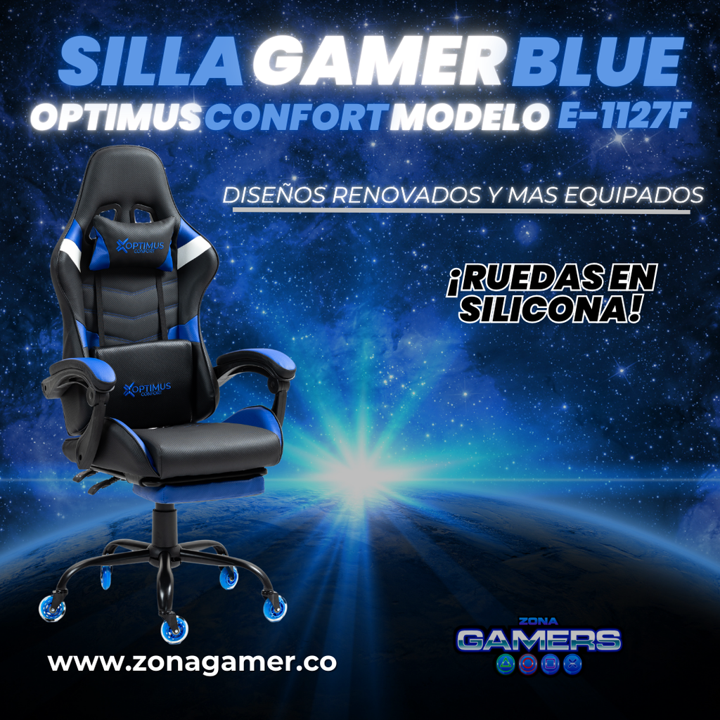 Silla Gamer E-1127F Blue con reposapiés y ruedas en silicona