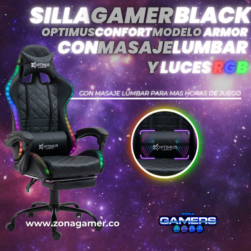Silla Gamer Optimus confort Armor RGB Black con masajeador lumbar y reposapiés incluido