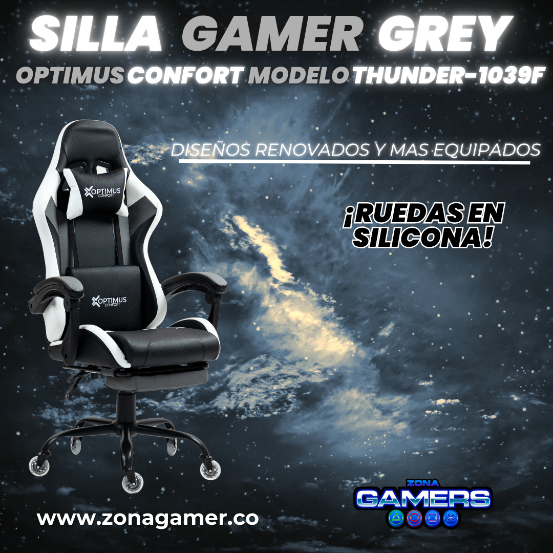 Silla Gamer Thunder-1039F Grey con reposapiés y ruedas en silicona