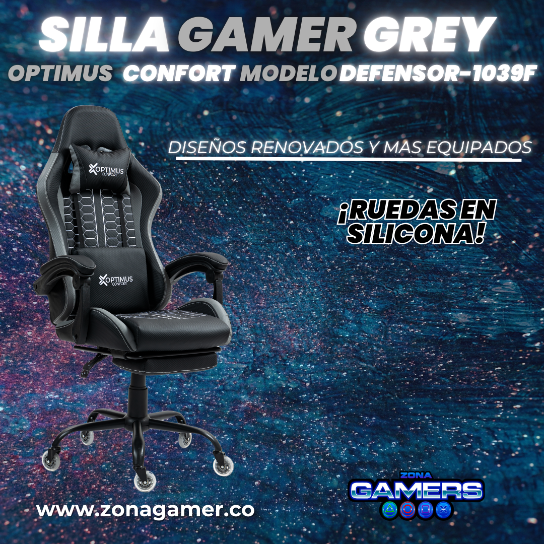 Silla Gamer Defensor-1039F Grey con reposapiés y ruedas en silicona