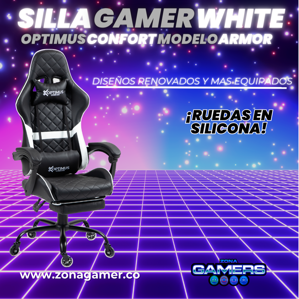 Silla Gamer ARMOR-1039F White con reposapiés y ruedas en silicona
